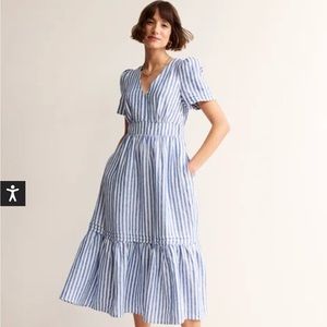 Boden Eve Linen Midi Dress Blue White Stripe